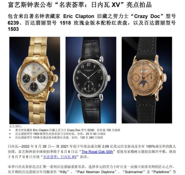 富艺斯钟表宣布名表聚集XV”亮点拍品（图）